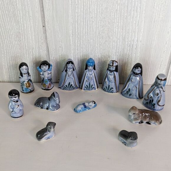 VTG 13pc Nativity Figures Small Pottery Mexican Blue Angel Sheep Jesus EUC - Picture 1 of 11